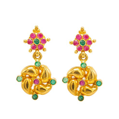 22K Yellow Gold Drop Earrings W/ Rubies, Emeralds & Encircled Mango Details