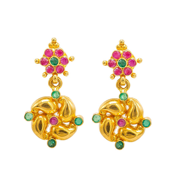 22K Yellow Gold Drop Earrings W/ Rubies, Emeralds & Encircled Mango Details | 22K Yellow Gold Drop Earrings W/ Rubies, Emeralds & Encircled Mango Details for women. This l...