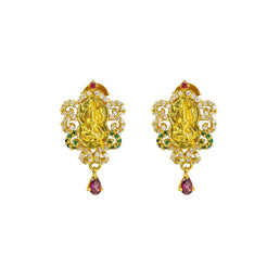 22K Yellow Gold Laxmi Earrings W/ Ruby, Emerald, CZ Encrusted Lotus Flower & Hanging Two Prong Ruby