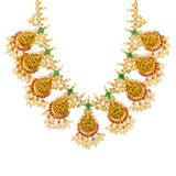 22K Yellow Gold Guttapusalu Necklace & Earrings Set W/ Rubies, Emeralds, CZ Gems, Pearls & Laxmi Accents | Stand out with elegance in the 22K yellow gold Guttapusalu necklace and earrings set from Virani ...