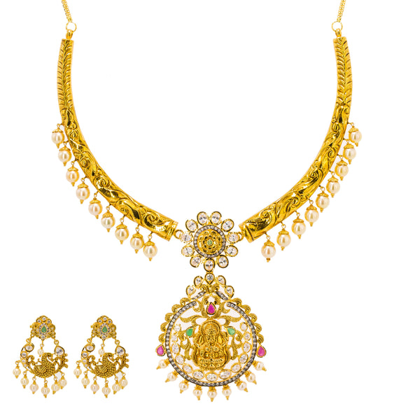 22K Yellow Gold Hasdi Paachi Necklace & Chandbali Earring Set W/ Rubies, Emeralds, CZ Gems & Pearls | Radiate upon arrival with this exquisite 22K Yellow Gold Hasdi Paachi Necklace & Chandbali Ea...