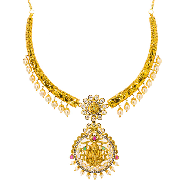 22K Yellow Gold Hasdi Paachi Necklace & Chandbali Earring Set W/ Rubies, Emeralds, CZ Gems & Pearls | Radiate upon arrival with this exquisite 22K Yellow Gold Hasdi Paachi Necklace & Chandbali Ea...