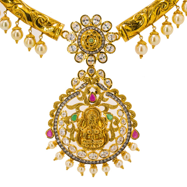 22K Yellow Gold Hasdi Paachi Necklace & Chandbali Earring Set W/ Rubies, Emeralds, CZ Gems & Pearls | Radiate upon arrival with this exquisite 22K Yellow Gold Hasdi Paachi Necklace & Chandbali Ea...