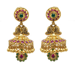 22K Yellow Gold JhumkiDrop Earrings W/ Rubies, Emeralds & Antique Finish Mango Details