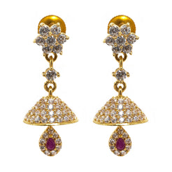 22K Yellow Gold JhumkiDrop Earrings W/ CZ Gems, Cluster Flower Studs & Crystallized Design
