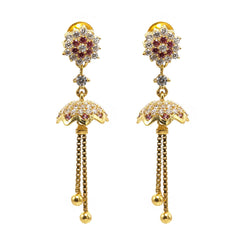 22K Yellow Gold JhumkiDrop Earrings W/ Rubies, CZ Gems, Cluster Flowers & Chain tassels