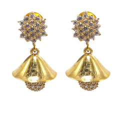 22K Yellow Gold JhumkiDrop Earrings W/ CZ Gems, Clustered Flowers & Semi-Polished Drop, Size 0.9