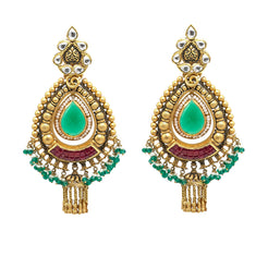 22K Yellow Gold JhumkiDrop Earrings W/ Rubies, Emeralds, Pearls, Kundan & Antique Finish Pendants