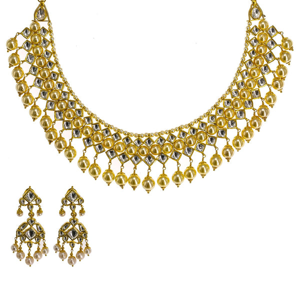 22K Yellow Gold Kundan Necklace & Earrings Set W/ Hanging Pearls, 104.1g | 22K Yellow Gold Kundan Necklace & Earrings Set W/ Hanging Pearls,104.1g for women. This uniqu...