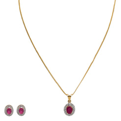 22K Yellow Gold Necklace & Earrings Set W/ Rubies & CZ Gems on Round Pendant