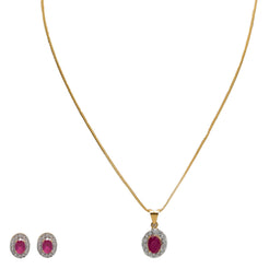 22K Yellow Gold Necklace & Earrings Set W/ Rubies & CZ Gems on Round Pendant