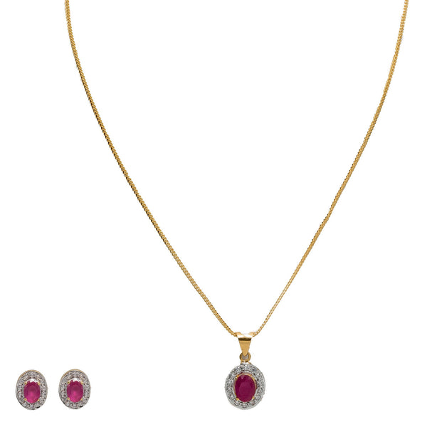 22K Yellow Gold Necklace & Earrings Set W/ Rubies & CZ Gems on Round Pendant |  22K Yellow Gold Necklace & Earrings Set W/ Rubies & CZ Gems on Round Pendant for women. ...