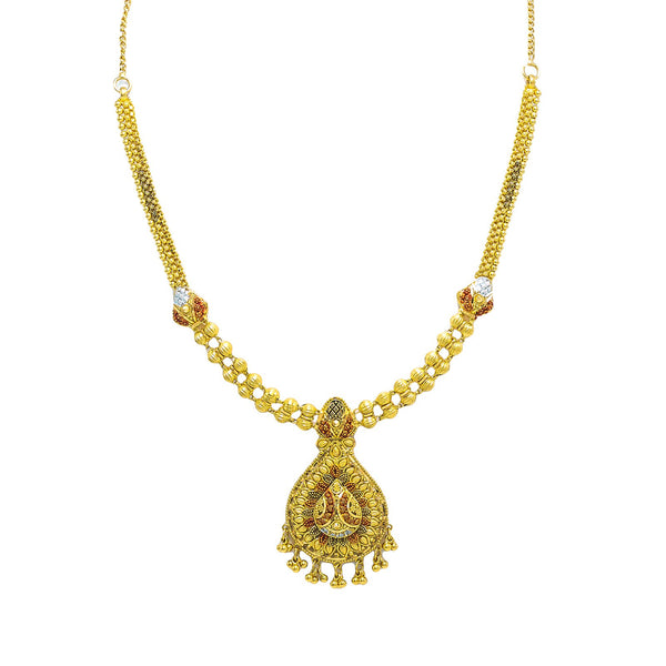 22K Multi Tone Gold Necklace & Earring Set W/ Meenakari Designs & Beaded Filigree Pear Pendants | 22K Multi Tone Gold Necklace & Earring Set W/ Meenakari Designs & Beaded Filigree Pear Pe...