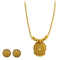 22K Yellow Gold Necklace & Earrings Set W/ Rubies, Emeralds & Round Beaded Laxmi Pendants