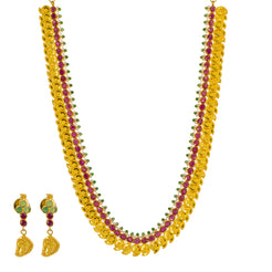 22K Yellow Gold Necklace & Earrings Mango Set W/ Rubies, Emeralds, CZ Gems & Laxmi Accents