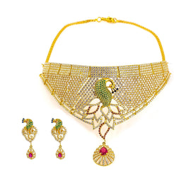 22K Yellow Gold Necklace and Earrings Set W/ Multi Color CZ Encrusted Cascade Bib Frame