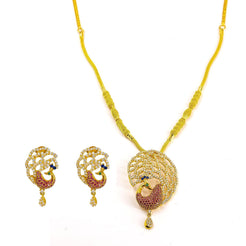 22K Yellow Gold Necklace and Earrings Set W/ Multi Color CZ Peacock on Double Texture Foxtail Chain