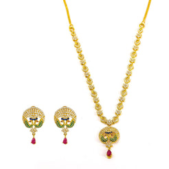 22K Yellow Gold Necklace and Earrings Set W/ Rubies, CZ Encrusted Peacock Pendant & Jeweled Charm Chain