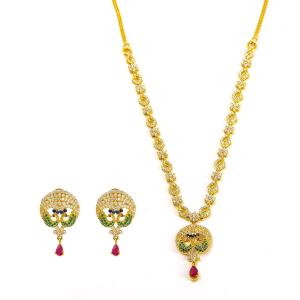 22K Yellow Gold Necklace and Earrings Set W/ Rubies, CZ Encrusted Peacock Pendant & Jeweled Charm Chain |  22K Yellow Gold Necklace and Earrings Set W/ Rubies, CZ Encrusted Peacock Pendant & Jeweled ...
