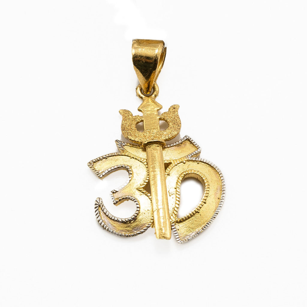 22K Multi Tone Gold Om Pendant W/ Trishula Symbol & Artisanal Edges |  22K Multi Tone Gold Om Pendant W/ Trishula Symbol & Artisanal Edges for women. This sacred a...