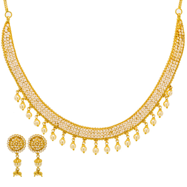 22K Yellow Gold Necklace & Drop Earrings Set W/ CZ Polki & Drop Pearls | Dare to let your elegance radiate with this 22K yellow gold necklace & earrings set from Vira...