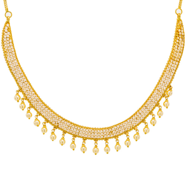 22K Yellow Gold Necklace & Drop Earrings Set W/ CZ Polki & Drop Pearls | Dare to let your elegance radiate with this 22K yellow gold necklace & earrings set from Vira...