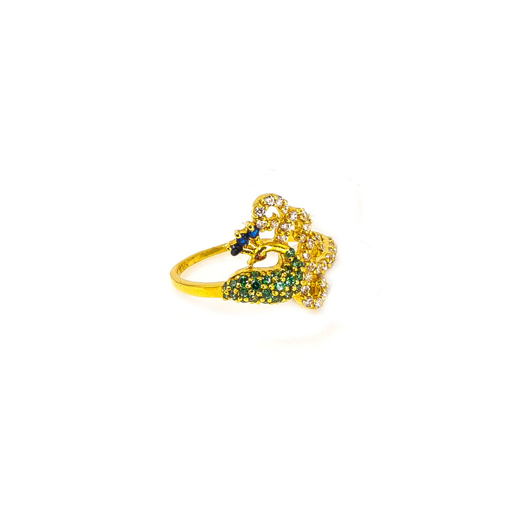 22K Yellow Gold Peacock Ring W/ Blue Cubic Zirconia Crest & Side Swept Curled Train |  22K Yellow Gold Peacock Ring W/ Blue Cubic Zirconia Crest & Side Swept Curled Train for wome...