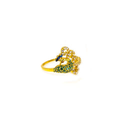22K Yellow Gold Peacock Ring W/ Blue Cubic Zirconia Crest & Side Swept Curled Train