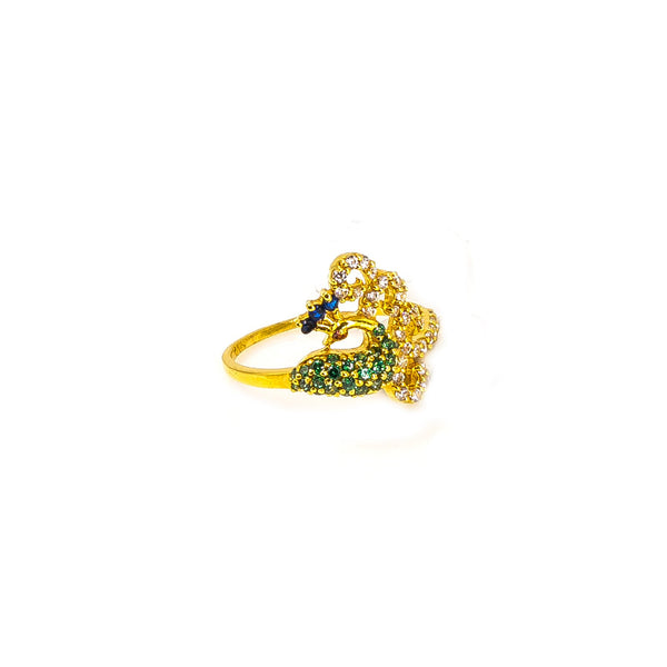 22K Yellow Gold Peacock Ring W/ Blue Cubic Zirconia Crest & Side Swept Curled Train |  22K Yellow Gold Peacock Ring W/ Blue Cubic Zirconia Crest & Side Swept Curled Train for wome...