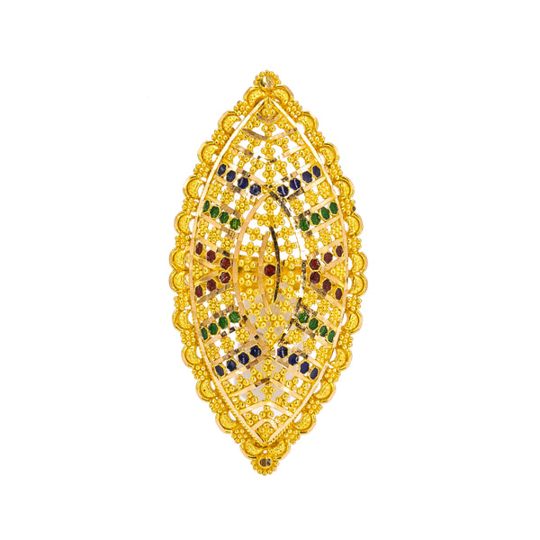 22K Yellow Gold Ring W/ Enamel Details & Marquise Shield | Add unique details to your special attire with this beautiful 22K yellow gold ring from Virani Je...