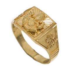 22K Yellow Gold Signet Ring for Men W/ Ganesh Design & Artisan Etched Band