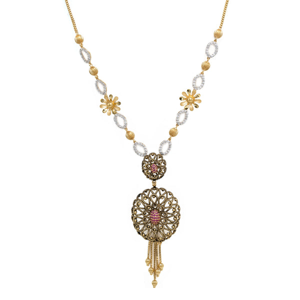 22K Multi Tone Gold Earrings & Necklace Set W/ Ruby, CZ Gems, Charms & Open Tassel Pendant |  22K Multi Tone Gold Earrings & Necklace Set W/ Ruby, CZ Gems, Charms & Open Tassel Penda...