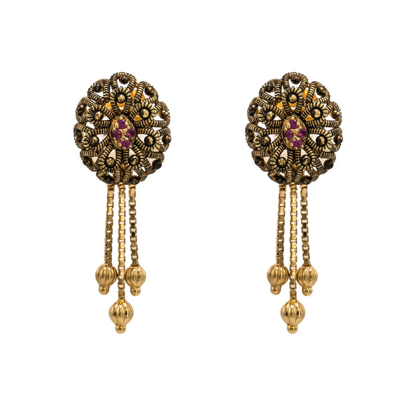 22K Multi Tone Gold Earrings & Necklace Set W/ Ruby, CZ Gems, Charms & Open Tassel Pendant |  22K Multi Tone Gold Earrings & Necklace Set W/ Ruby, CZ Gems, Charms & Open Tassel Penda...