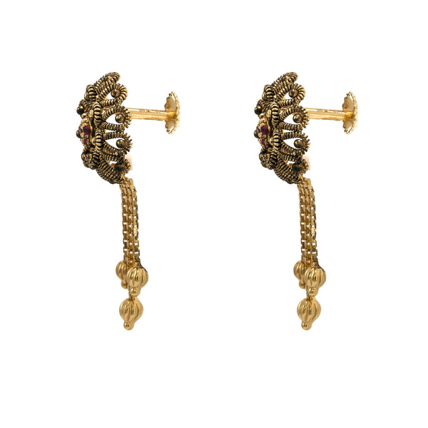 22K Multi Tone Gold Earrings & Necklace Set W/ Ruby, CZ Gems, Charms & Open Tassel Pendant |  22K Multi Tone Gold Earrings & Necklace Set W/ Ruby, CZ Gems, Charms & Open Tassel Penda...