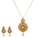 22K Yellow Gold Earrings & Necklace Set W/ Kundan & Beaded Gong Pendant |  22K Yellow Gold Earrings & Necklace Set W/ Kundan & Beaded Gong Pendant for women. Stand...