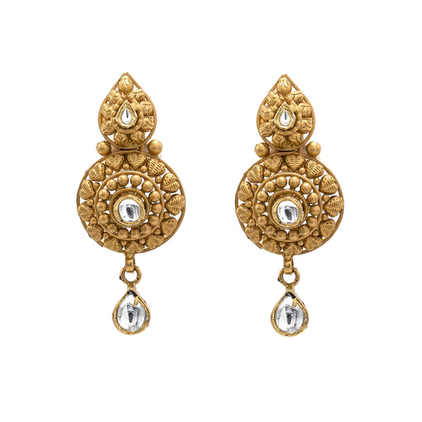 22K Yellow Gold Earrings & Necklace Set W/ Kundan & Beaded Gong Pendant |  22K Yellow Gold Earrings & Necklace Set W/ Kundan & Beaded Gong Pendant for women. Stand...