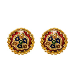 22K Yellow Gold Stud Earrings W/ Hand Painted Finish & Rounded Cluster Outline