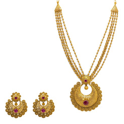 22K Yellow Gold Temple Necklace & Earrings Set W/ Rubies & Multi Strand Beaded Pendant Necklace