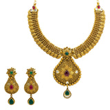 22K Yellow Gold Temple Necklace & Earrings Set W/ Rubies, Emeralds, Kundan, Mango Accents & Large Pear Shaped Pendants |  22K Yellow Gold Temple Necklace & Earrings Set W/ Rubies, Emeralds, Kundan, Mango Accents &a...