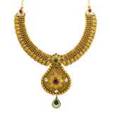 22K Yellow Gold Temple Necklace & Earrings Set W/ Rubies, Emeralds, Kundan, Mango Accents & Large Pear Shaped Pendants |  22K Yellow Gold Temple Necklace & Earrings Set W/ Rubies, Emeralds, Kundan, Mango Accents &a...