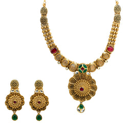 22K Yellow Gold Temple Necklace & Earrings Set W/ Rubies, Emeralds, Kundan & Stamen Flower Pendants