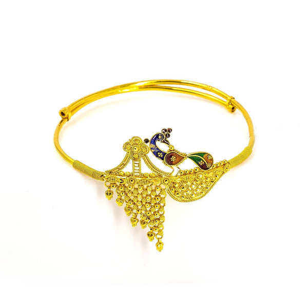 22K Yellow Gold Vanki Arm Bracelet W/ Asymmetric Meenakari Peacock Accent | 22K Yellow Gold Vanki Arm Bracelet W/ Asymmetric Meenakari Peacock Accent for women. This eye-cat...