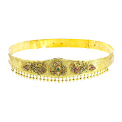 22K Yellow Gold Vaddanam Waist Belt W/ Rubies, CZ Gems, Emeralds, Lotus Flower & Peacocks