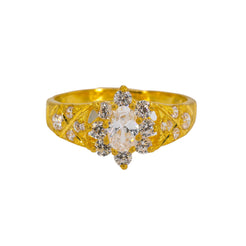 22K Yellow Gold Women's CZ Ring W/ Oval CZ Gem & Engraved Encrusted Shank