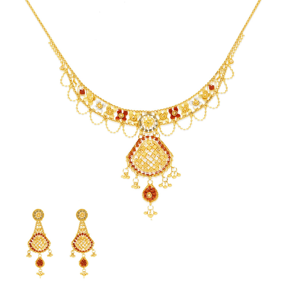 22K Yellow Gold Meenakari Necklace and Earrings Set | Feel gorgeous and glamorous with this 22K gold necklace set from Virani Jewelers!

Features intri...
