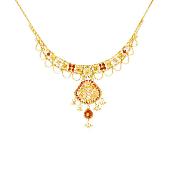 22K Yellow Gold Meenakari Necklace and Earrings Set | Feel gorgeous and glamorous with this 22K gold necklace set from Virani Jewelers!

Features intri...