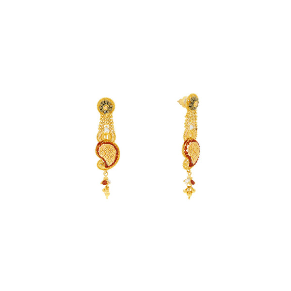 22K Yellow Gold Meenakari Necklace & Earring Set W/ Mango Shaped Pendant | Show off your stunning sense of style with this beautiful 22K gold necklace set from Virani Jewel...