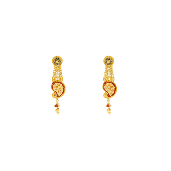 22K Yellow Gold Meenakari Necklace & Earring Set W/ Mango Shaped Pendant | Show off your stunning sense of style with this beautiful 22K gold necklace set from Virani Jewel...