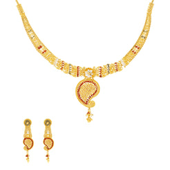 22K Yellow Gold Meenakari Necklace & Earring Set W/ Mango Shaped Pendant