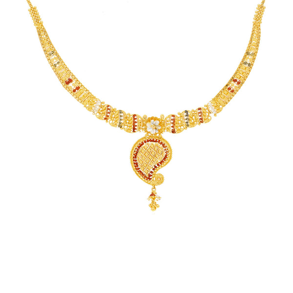 22K Yellow Gold Meenakari Necklace & Earring Set W/ Mango Shaped Pendant | Show off your stunning sense of style with this beautiful 22K gold necklace set from Virani Jewel...